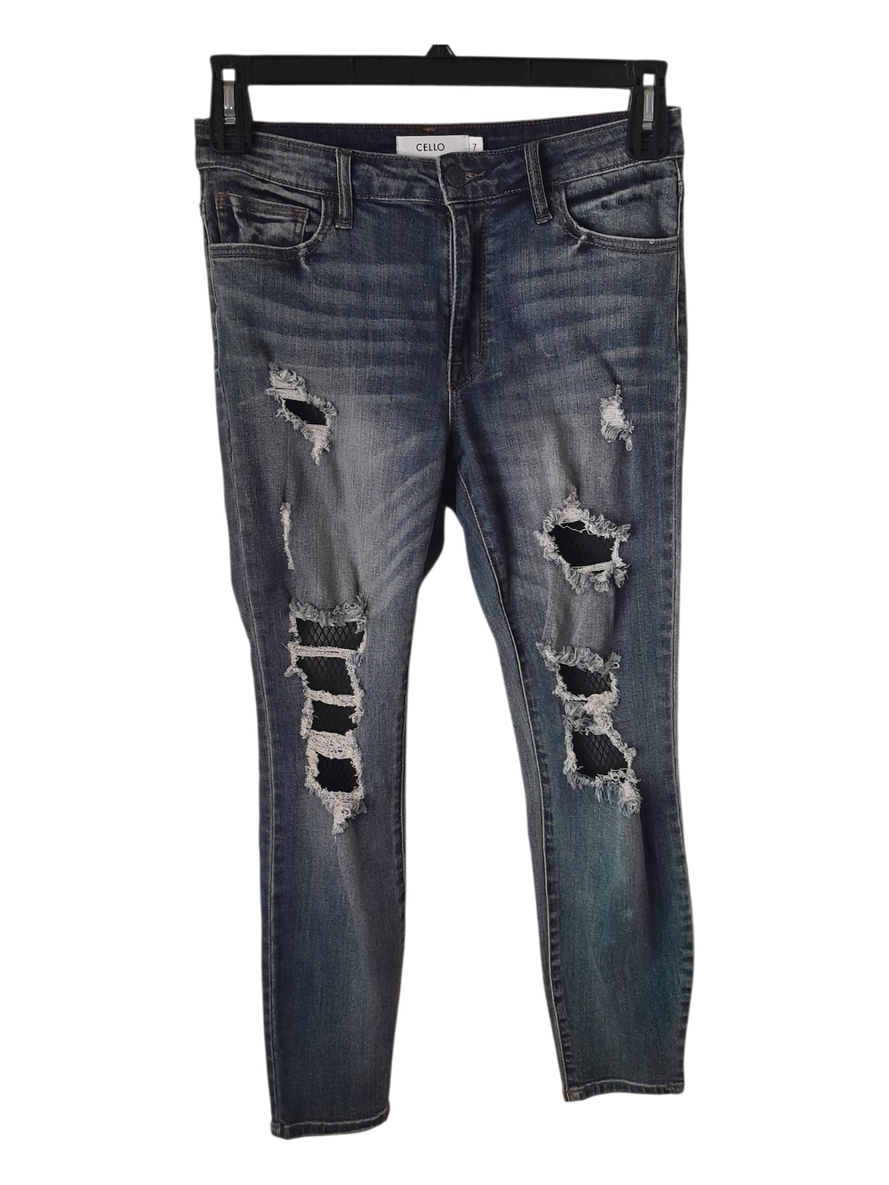 CELLO Distressed Skinny Jeans Fishnet Backing Blue Size 7